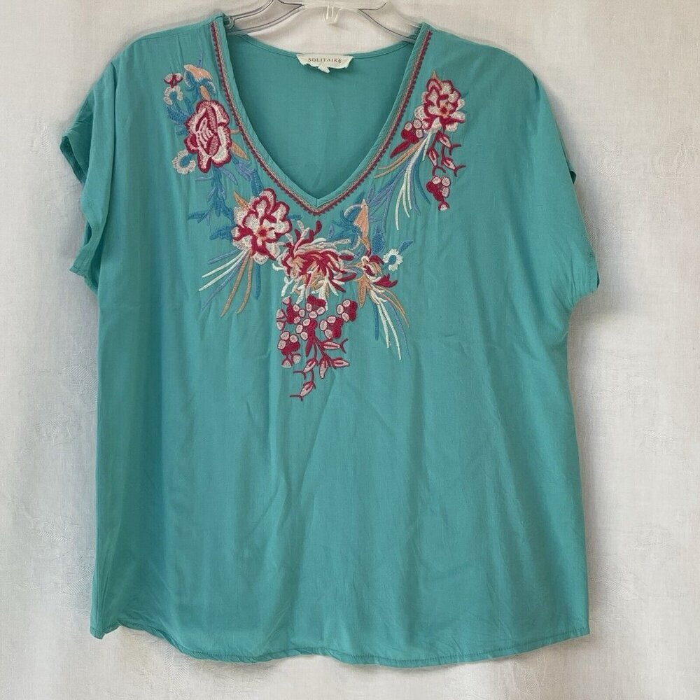 Solitaire Blouse Womens Small Turquoise Heavy Floral Embroidery Boho Garden
